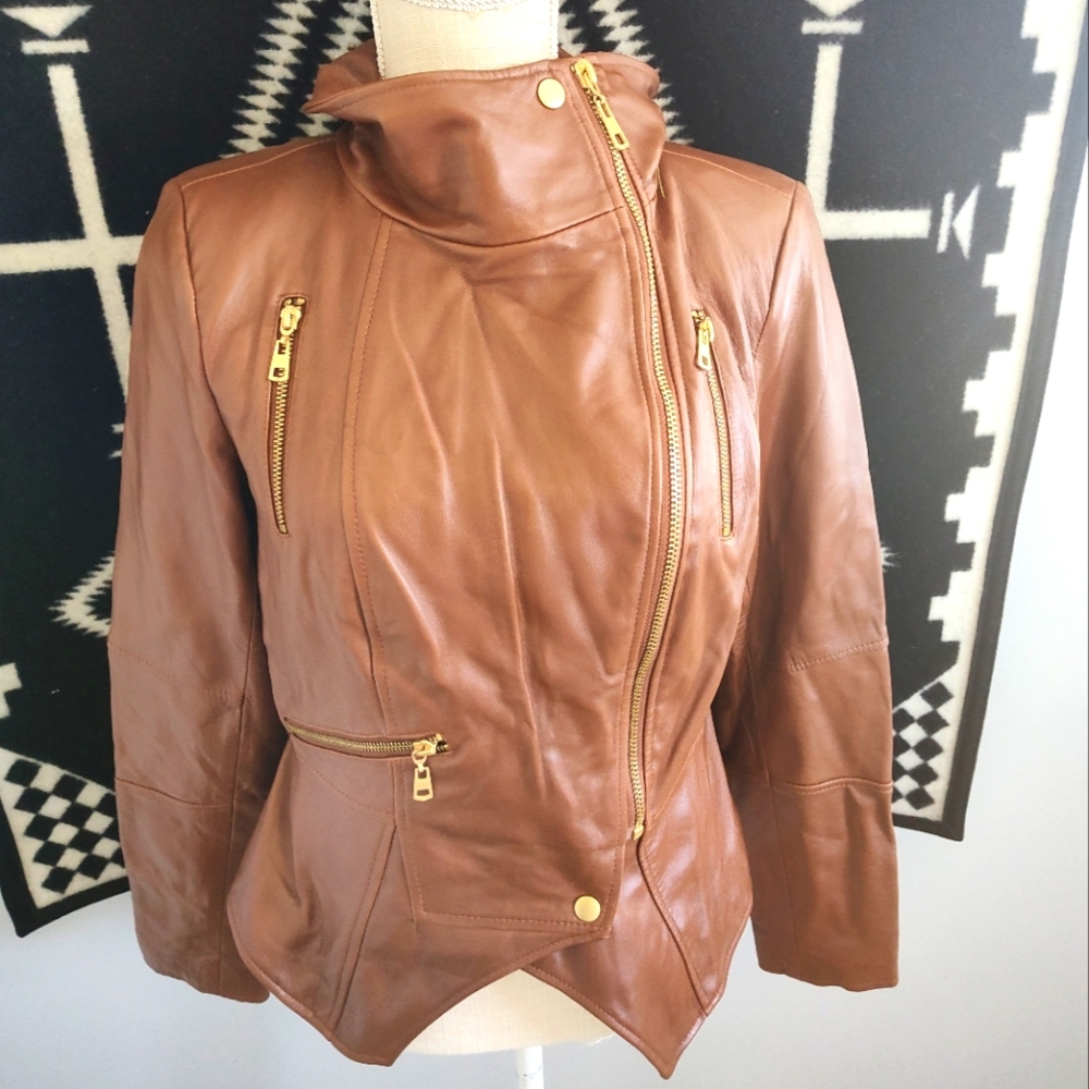 EUC GILI Leather Moto Inspired Asymmetrical Zip Front Genuine Leather Jacket, 8